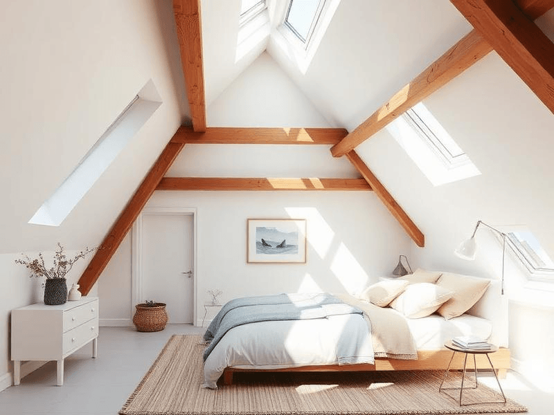 Loft conversion bedroom with exposed beams and skylights